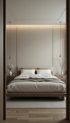 Modern minimalist bedroom design with soft lighting and decor