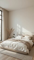 Cozy minimalist bedroom design with natural light and neutral tones