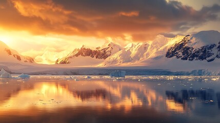 Obraz premium Serene sunset over icy mountains reflecting in calm waters.