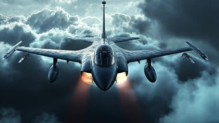 Futuristic military aircraft soaring gracefully through turbulent stormy clouds, powered by intense fiery afterburners, showcasing remarkable advanced technology and innovative engineering expertise