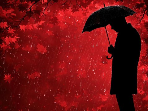 Melancholy figure under umbrella in rain
