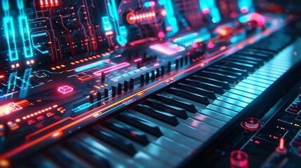 Fototapeta premium Futuristic synthesizer emitting holographic sound graphs and digital waveforms showcasing the evolution of electronic music through AI generated visuals