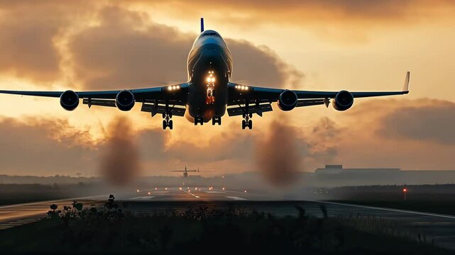 An airplane landing at sunset, symbolizing advancements in aviation technology and promising a bright future for travel, exploration, and connectivity in our evolving global society