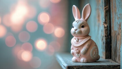Ceramic bunny figurine on a windowsill with blurred lights in the background during a cozy evening