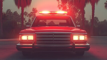 Retro red emergency car at dusk.