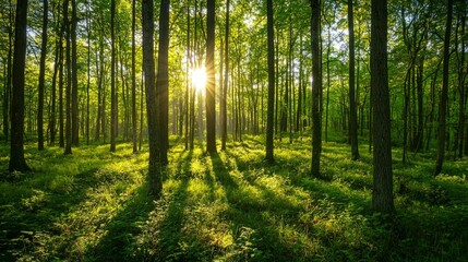 Serene Sunlight Filtering Through Lush Green Forest Trees