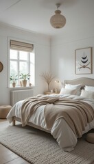 Fototapeta premium Cozy minimalist bedroom design with natural light and decorative plants