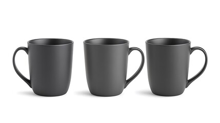 Three matte black mugs on white background.