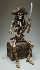 Pirate Skeleton Sitting on Treasure Chest with Sword in Hand