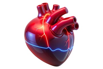 A powerful human heart beating with vibrant energy, showcasing its intricate network of vessels and electrical impulses in a striking 3D rendering.