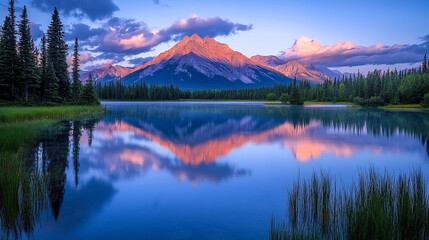 Fototapeta premium Majestic mountain reflected in calm lake at dusk