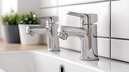 Modern bathroom interior with gleaming chrome faucets and green plant