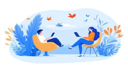 Two people working remotely, relaxed, in a garden setting