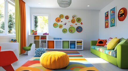 Bright and playful children's room with colorful decor and furniture for creative play.