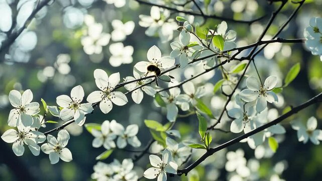 Bee pollinating white blossom flowers in Orcha during daylight, Bee flying on white flowers Blossom flower in orchard pollination