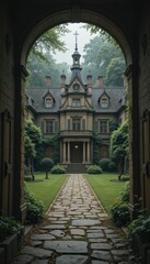 Fototapeta premium Elegant Victorian Mansion Surrounded by Lush Greenery and Pathway