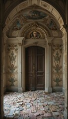 Obraz premium Entrance Hall with Vintage Currency Spread on the Floor in Historic Setting