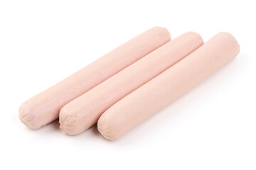 Three raw chicken sausages isolated on white background.