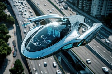 Obraz premium A futuristic flying car is soaring above the highway,