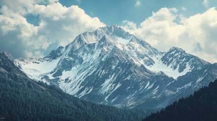 Obraz premium Majestic Snow-Capped Mountain Surrounded by Lush Green Forests