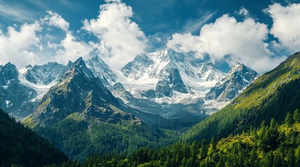 Fototapeta premium Majestic Snow-Capped Mountains Under Blue Sky with White Clouds