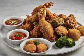 Delicious Platter of Varied Fried Foods and Dips