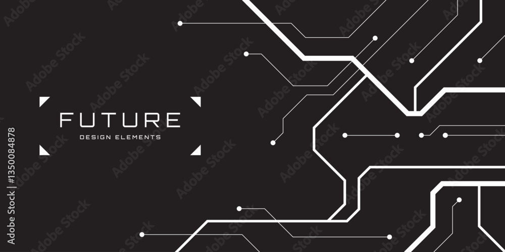 Aufkleber Hi Tech abstract geometric background with place for text. White PCB elements isolated on black. Techno style banner design. Corner composition. Vector illustration.