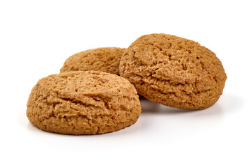 Three Crunchy Oatmeal Cookies, Isolated on White Background.