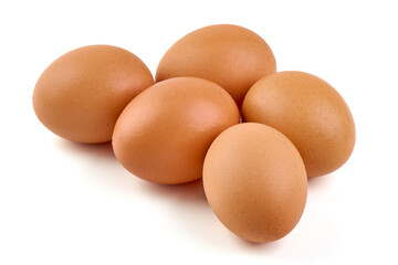Five Brown Chicken Eggs, Isolated on White Background.