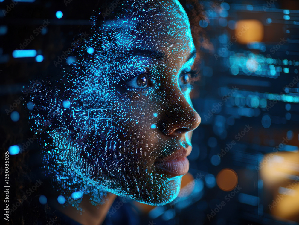 Poster office worker engages in high-tech deepfake video call within a corporate environment focused on cyb