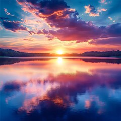 Obraz premium Tranquil Sunset Reflection on Calm Lake