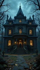 Obraz premium Enigmatic Gothic Manor with Soft Glowing Lights at Dusk