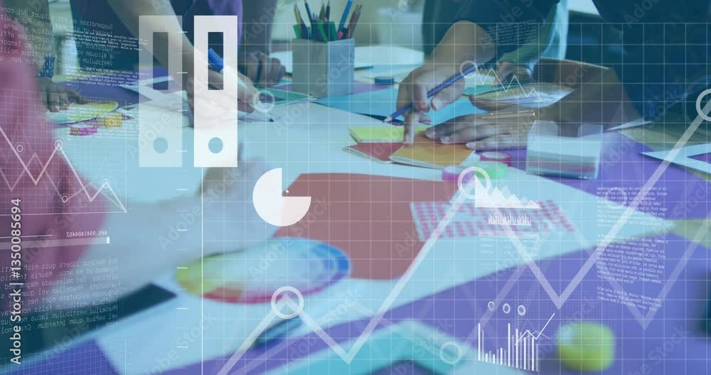 Poster collaborating on colorful charts in school, people analyzing data with animation overlay