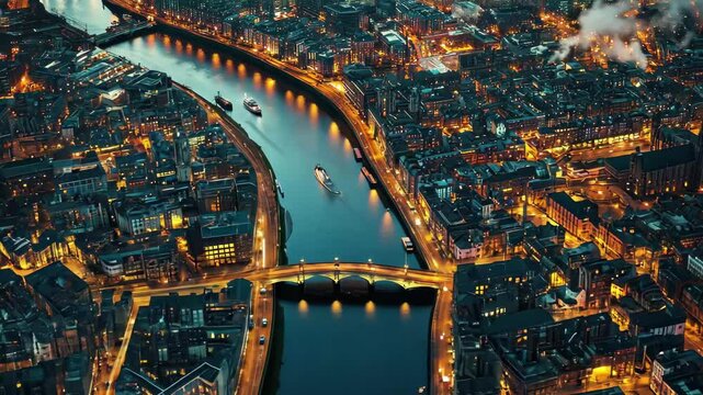 Aerial view showcasing Dublin's city center illuminated at night along the River Liffey, aerial view of city center of Dublin