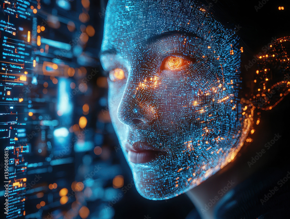 Aufkleber office worker engages in deepfake video call in high-tech corporate setting emphasizing cybersecurit