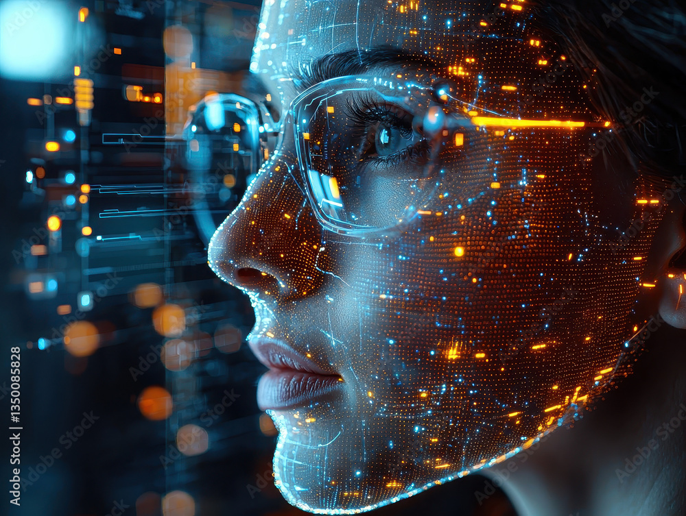 Aufkleber office worker engaging in deepfake video call with artificial face in high-tech corporate environmen
