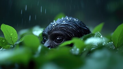 Fototapeta premium Wet monkey in rainforest foliage