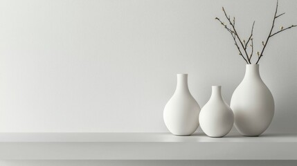 Elegant White Vases on Minimalist Shelf with Branches Decoration