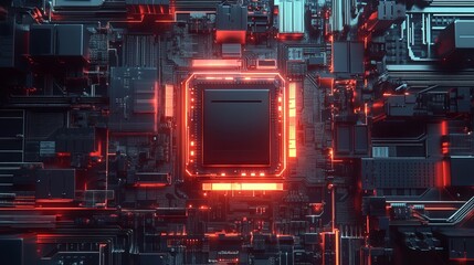 Obraz premium Abstract Technology Background Red Neon Glow Futuristic Circuit Board Digital Art Modern Design High Tech Innovation Electronic Hardware Powerful 