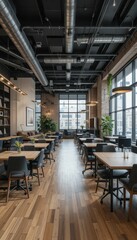 Fototapeta premium Modern urban interior of a cozy cafe with wooden flooring and greenery