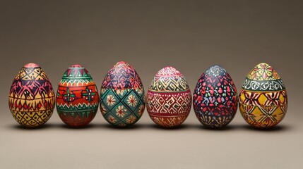 Intricate ukrainian pysanky easter eggs displayed on a minimalist surface