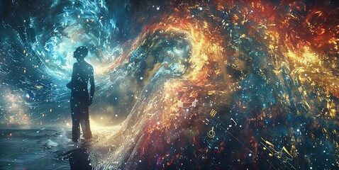 Human silhouette dissolving into vibrant sound waves merging with a cosmic galaxy of musical notes The abstract energy swirls around in a mesmerizing display of colors and motion