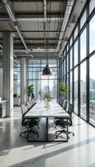 Modern Conference Room with Large Windows and Urban View