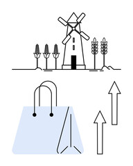 Windmill and crops symbolize agriculture, shopping bag represents commerce, upward arrows depict growth. Ideal for agriculture, economy, sustainability, trade, business market trends progress. Flat