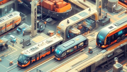 Fototapeta premium A futuristic scene of various modern transportation machines, such as electric cars, buses,