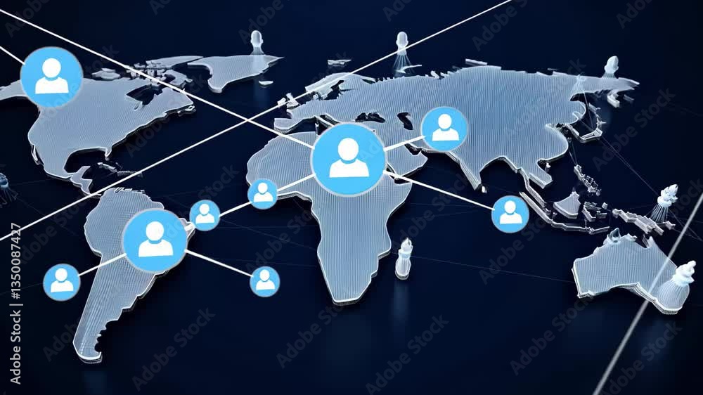 Poster network of connections illustrating digital data processing across global regions, digital data proc