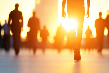 Silhouettes of people walking forward at sunset, symbolic concept of hope and unity