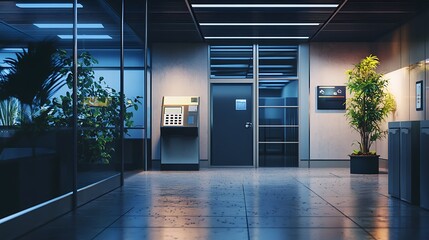 A modern hallway featuring an ATM and plants in a professional setting.