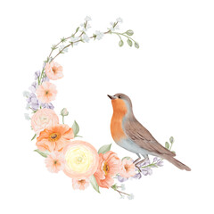 Bird sitting on Spring Flowers Wreath. Floral composition with Ranunculus and Iceland Poppies Flowers, Freesia, Peach or Cherry and Snow Willow Branches. Hand painted botanical illustration isolated