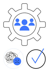 Gear with user icons symbolizing collaboration, sad face representing confusion, and checkmark denoting solutions. Ideal for teamwork, problem-solving, productivity, innovation, goals, strategy